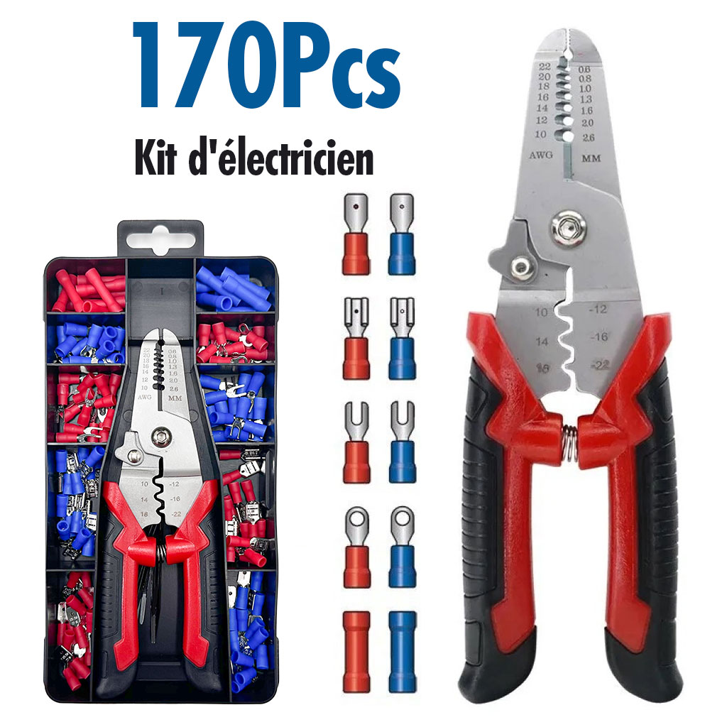 Coffret de sertissage 3en1 avec cosses 22-10 AWG – 170 pièces pour l’électricien