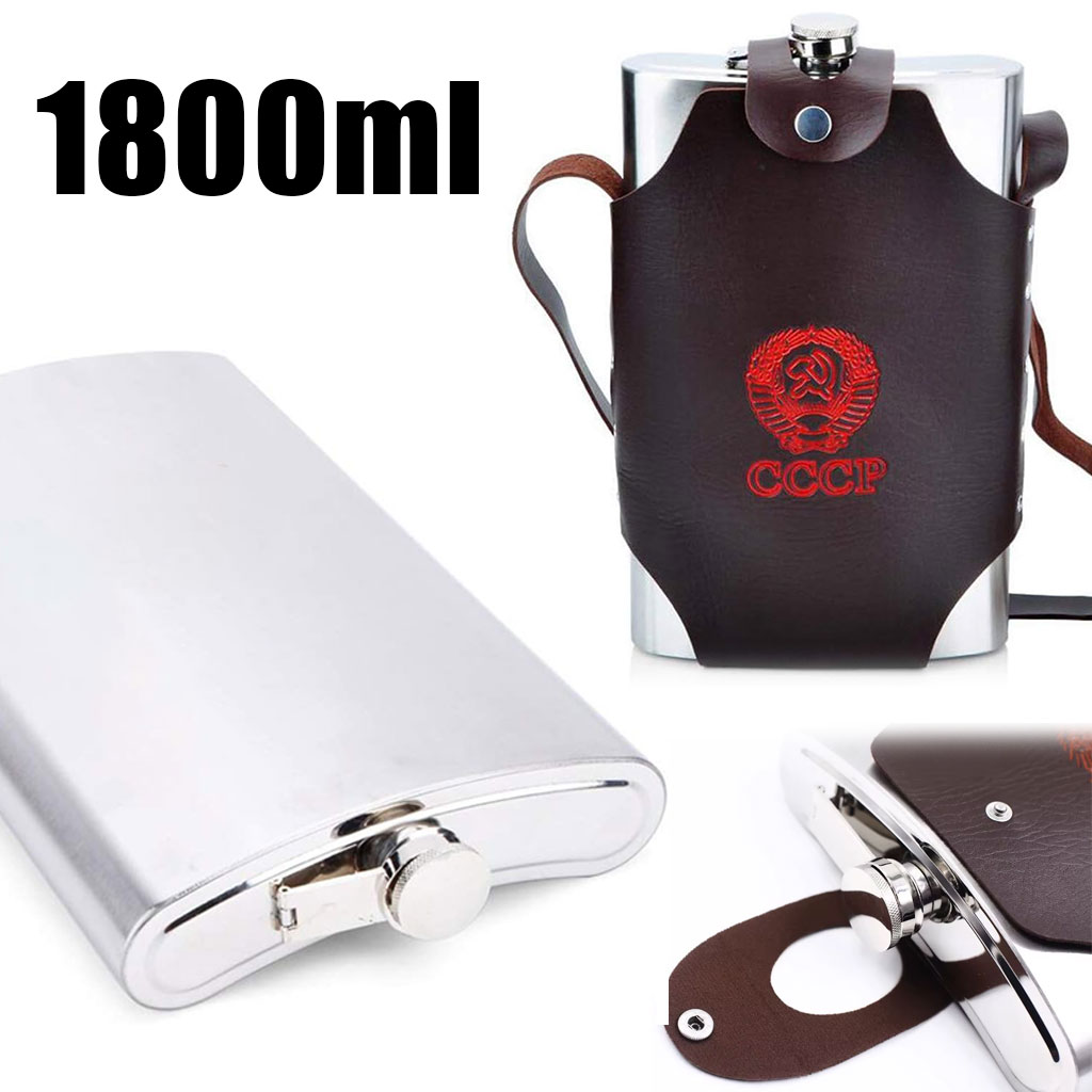 Flasque MĂ©tallique Portable 1800ml en Acier Inoxydable 18/8 avec Ătui en Cuir pour ActivitĂ©s ExtĂ©rieures