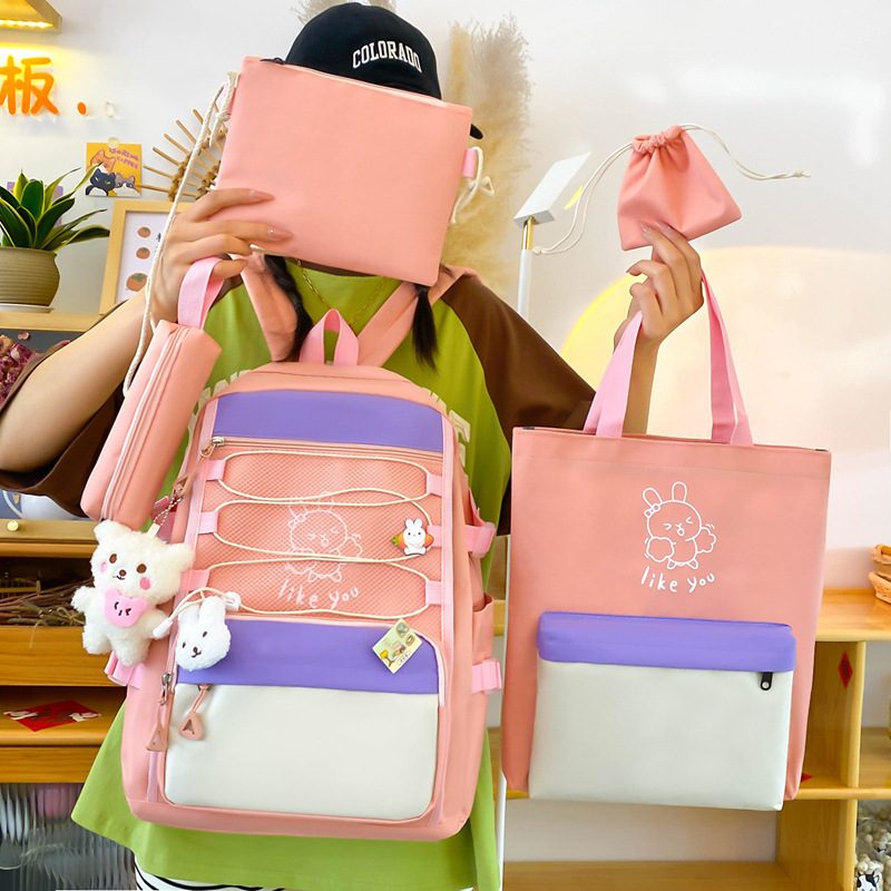 Sac à Dos Multifonctionnel Kawaii Grand Volume Imperméable et Résistant 5Pcs Rose SACKDS33RS - حقيبة ظهر بعدة قطع بتصميم كاوايي