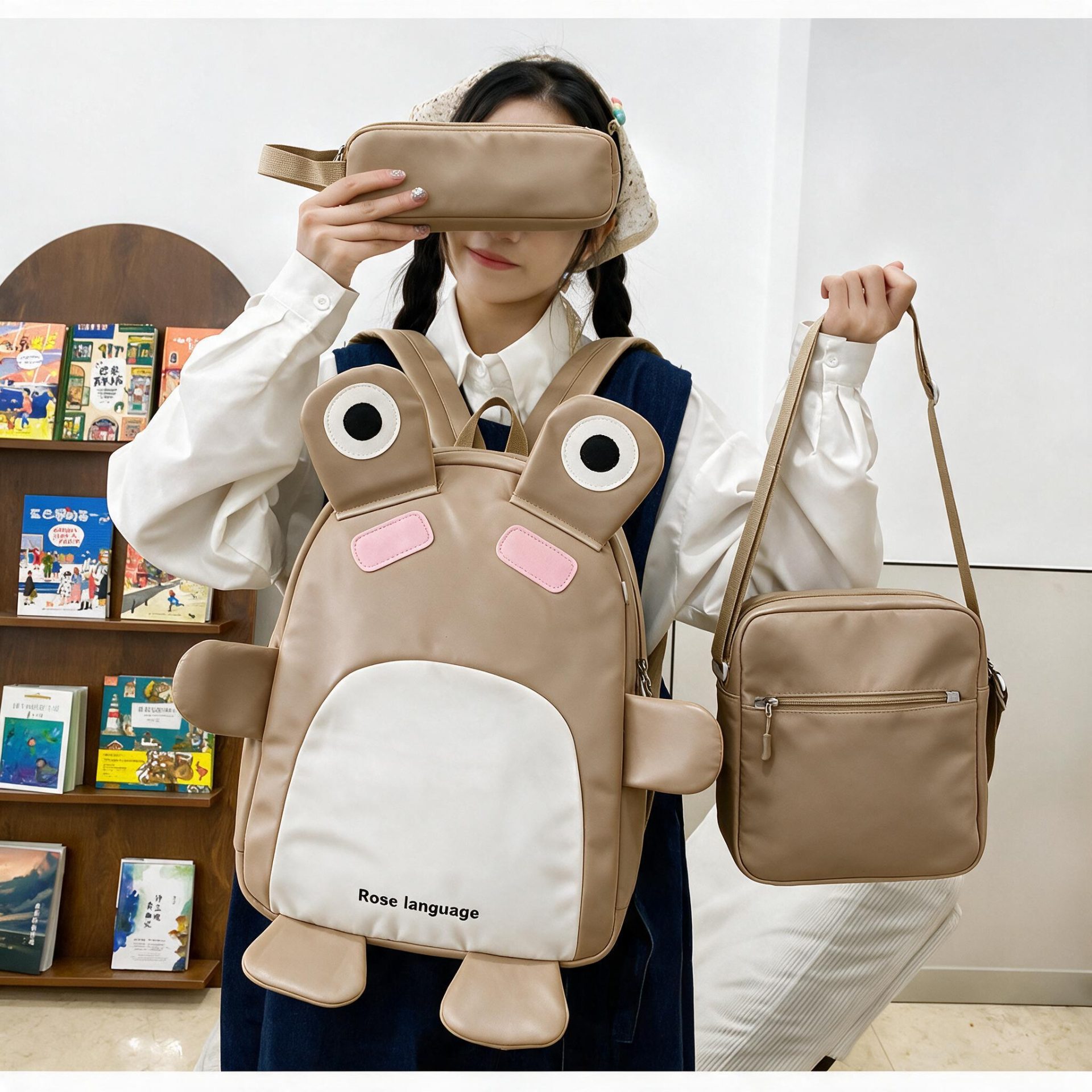 Sac à Dos Scolaires Enfant 3 en 1 Motif Grenouille Rose Language Style Dos Kawaii Marron SACKDS32MR - طقم حقائب مدرسية للأطفال 3 في 1 بتصميم الضفدع اللطيف