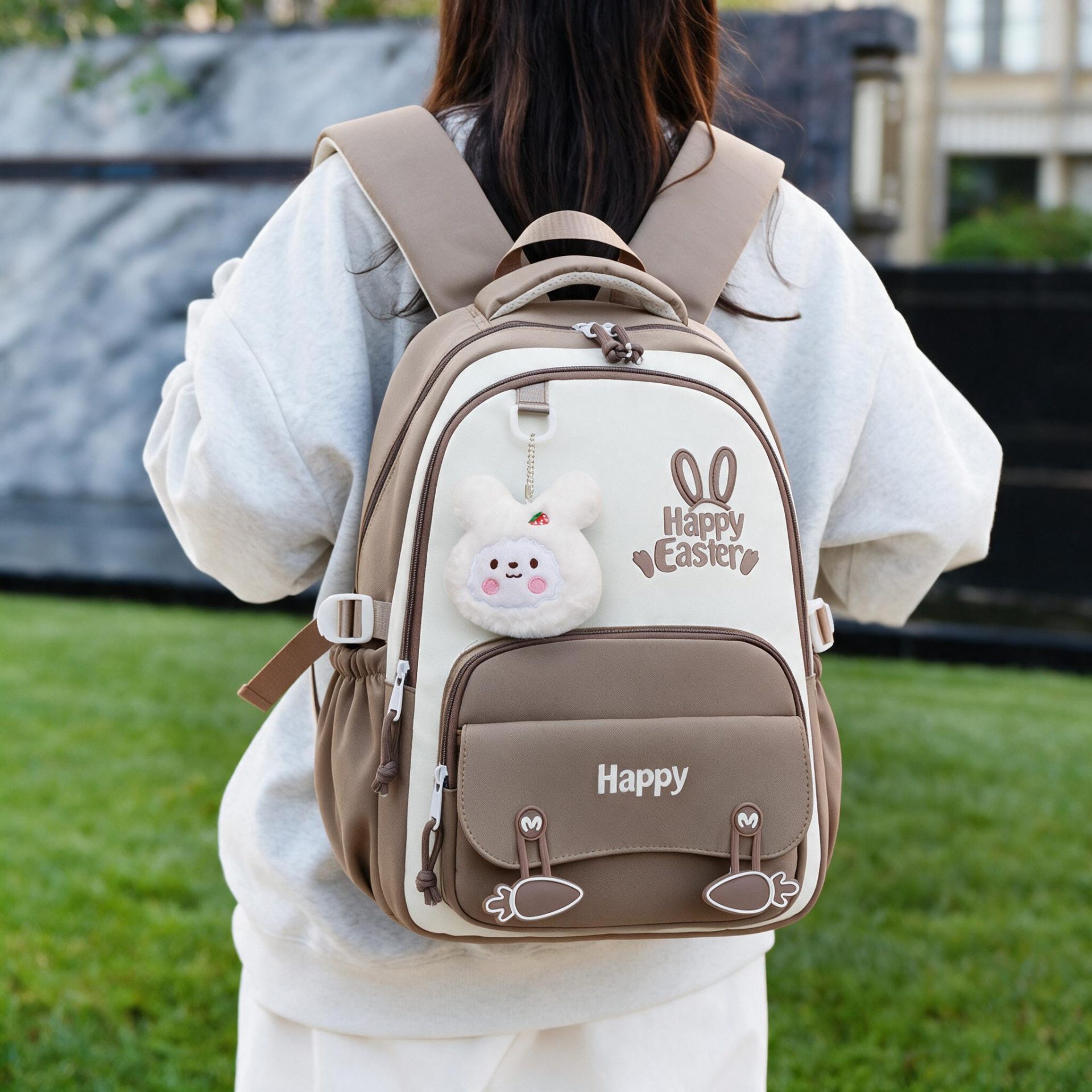 Sac à Dos Scolaire Motif Lapin Happy Easter Ergonomique Tissu Imperméable Marron SACKDS31MR - حقيبة ظهر مدرسية وعصرية بتصميم الأرنب اللطيف
