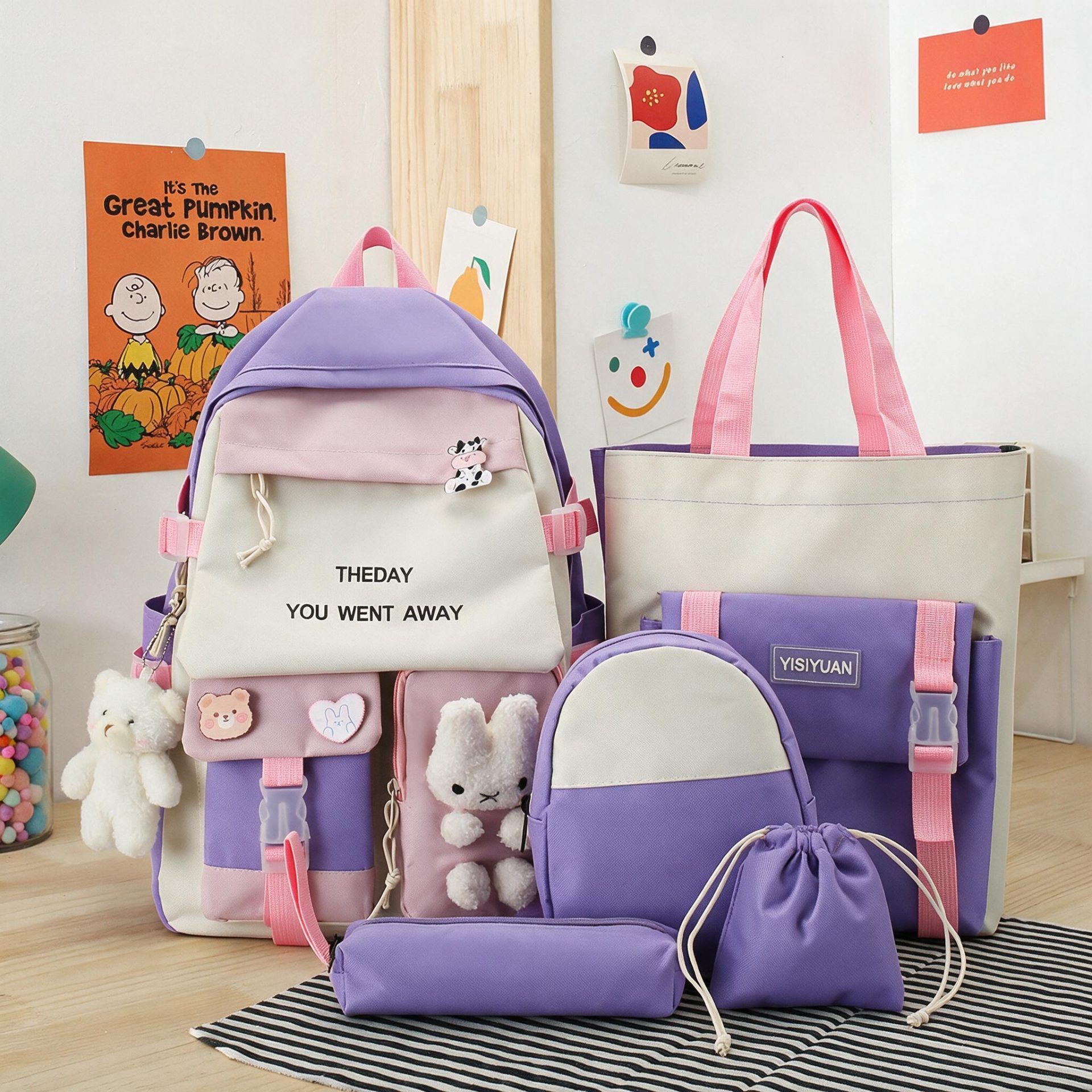 Sac à Dos Multifonctionnel Kawaii Grand Volume Imperméable et Résistant 5Pcs Mauve SACKDS25MV - حقيبة ظهر بعدة قطع بتصميم كاوايي