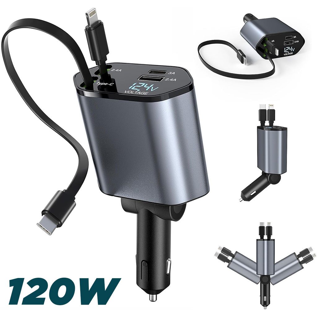 Chargeur de Voiture RĂ©tractable 4en1 120W â ێۧŰÙ ŰłŰ±ÙŰč