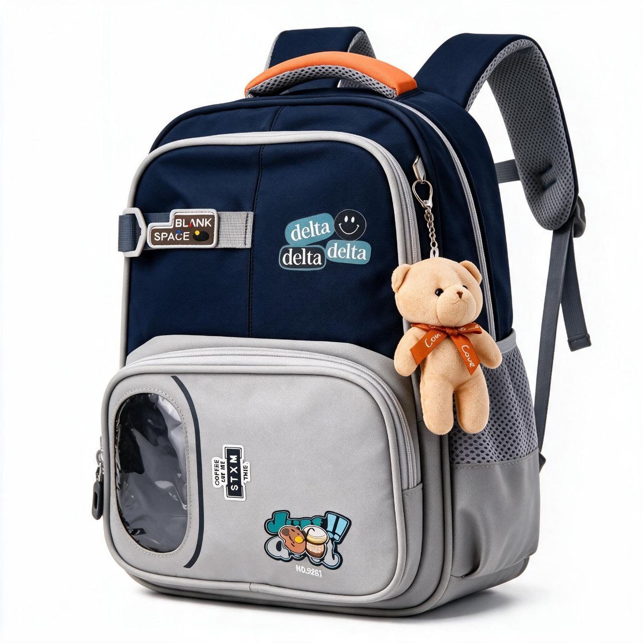 Sac à Dos Scolaire Delta Design Ergonomique avec Trousse et Pendentif Ours Inclus Bleu Nuit - حقيبة ظهر مدرسية عصرية مع مقلمة مدمجة