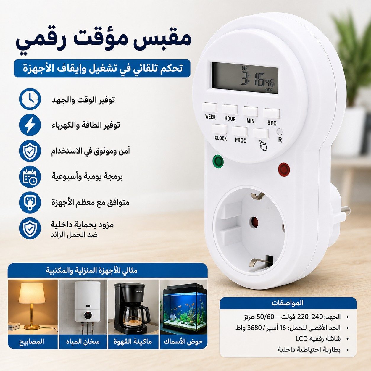 Prise Programmable Digitale pour Minuterie Ălectronique Ăcran LCD 16A 3680W - Ù
Ùۚ۳ Ù
Ű€ÙŰȘ ۱ÙÙ
Ù Ű°ÙÙ ÙÙŰȘŰÙÙ
ۧÙŰȘÙÙŰ§ŰŠÙ ŰšŰ§ÙŰŁŰŹÙŰČŰ©