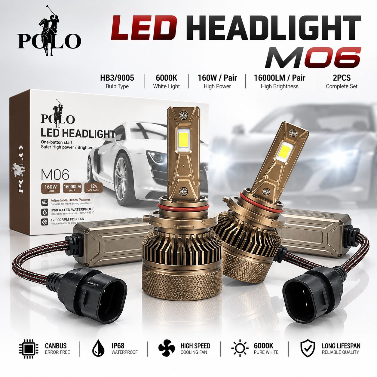 Ampoules de Phare LED POLO M06 160W, 16000LM HB3/9005 - ÙÙ
ۚۧŰȘ ۄ۶ۧۥ۩ ŰŁÙ
ۧÙ
ÙŰ© ÙÙŰŻ ÙÙŰłÙۧ۱ۧŰȘ 160 Ùۧ۷