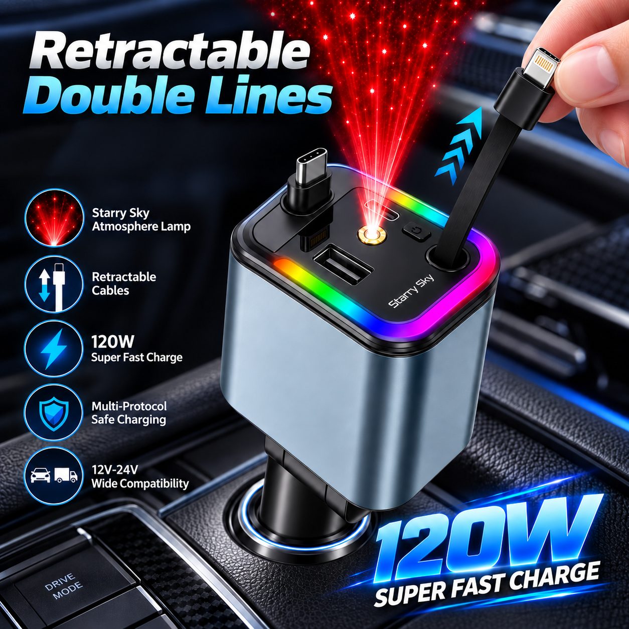 Chargeur de Voiture 120W Max 4 en 1 avec Cùbles Rétractables et Ports USB/Type-C