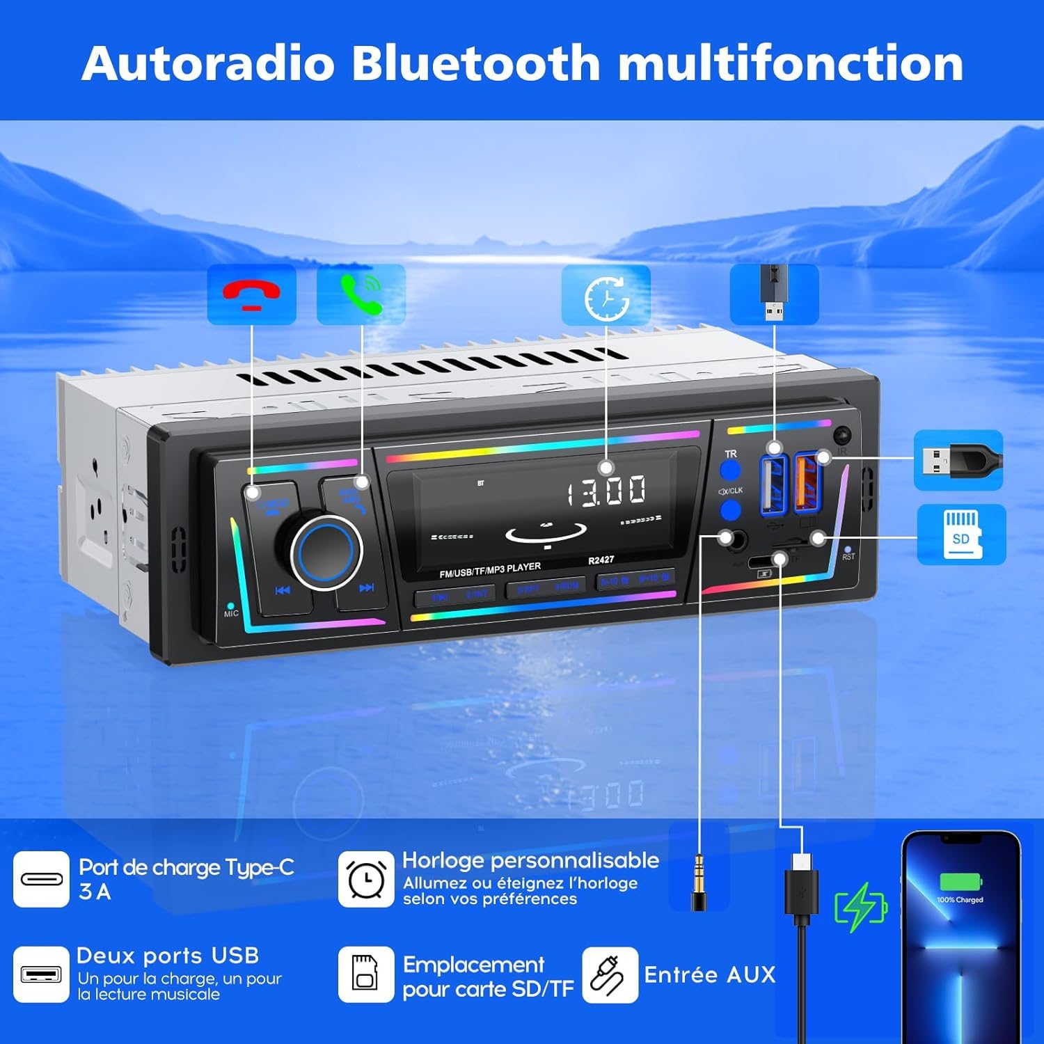Autoradio Bluetooth 5.0 1DIN Charge Rapide USB et Type-C, Ăclairage Personnalisable DSP et RDS - ۱ۧۯÙÙ ŰłÙۧ۱۩ ŰšÙÙŰȘÙŰ« Ù
Űč Ù
ÙÙŰ°Ù ŰŽŰÙ