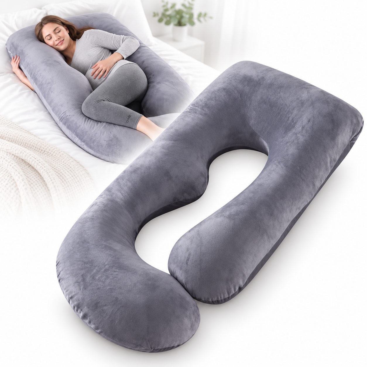 Coussin de Grossesse en Forme de U pour Dormir â Oreiller de MaternitĂ© et dâAllaitement avec Housse Lavable â Gris Clair