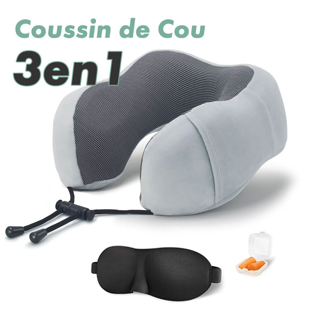 Kit de voyage 3in1 Oreiller en mousse Ă mĂ©moire de forme en forme de U avec Bouchon dâoreille et Bandeau Yeux