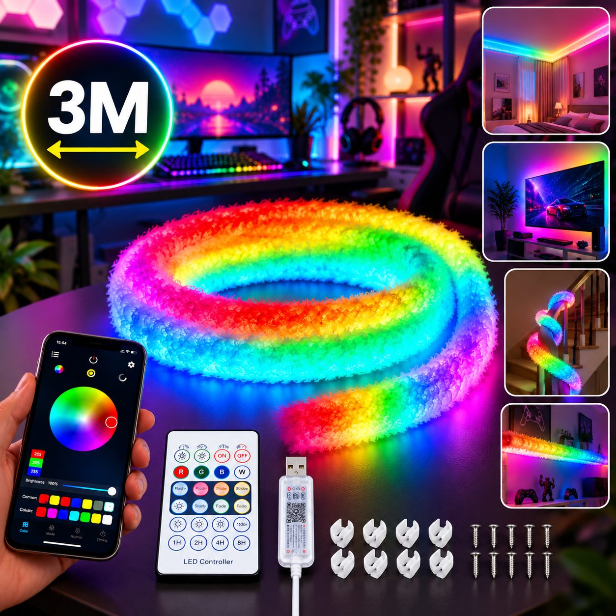 Bande LED RGBIC Intelligente Fluffy Light 360° USB App Control 3M