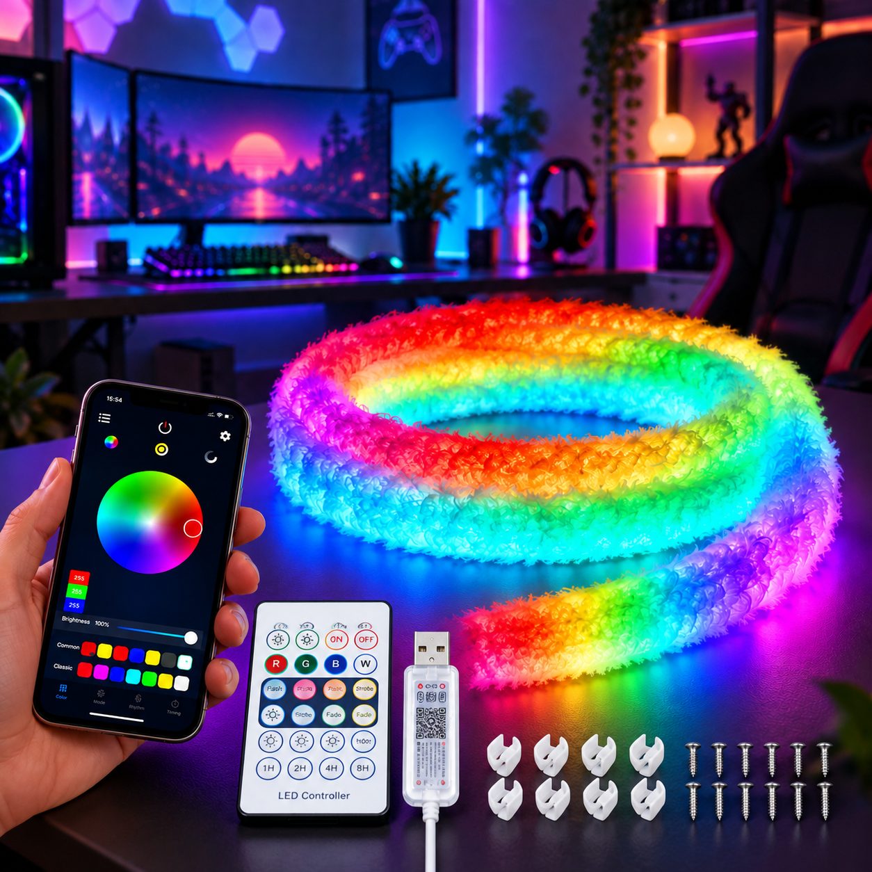 Bande LED RGBIC Intelligente Fluffy Light 360° USB App Control 2M
