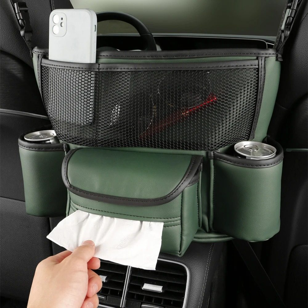 Sac de rangement en cuir pour siège de voiture, cintre central, sac à main automatique, support entre les sièges, poches pour gobelets à eau
