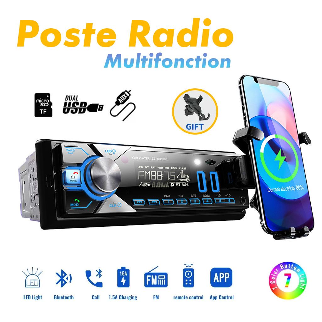 Poste radio BT Avec Support smart-phone intégré  1 Din Radio FM ,SD,TF, 2-USB 12V