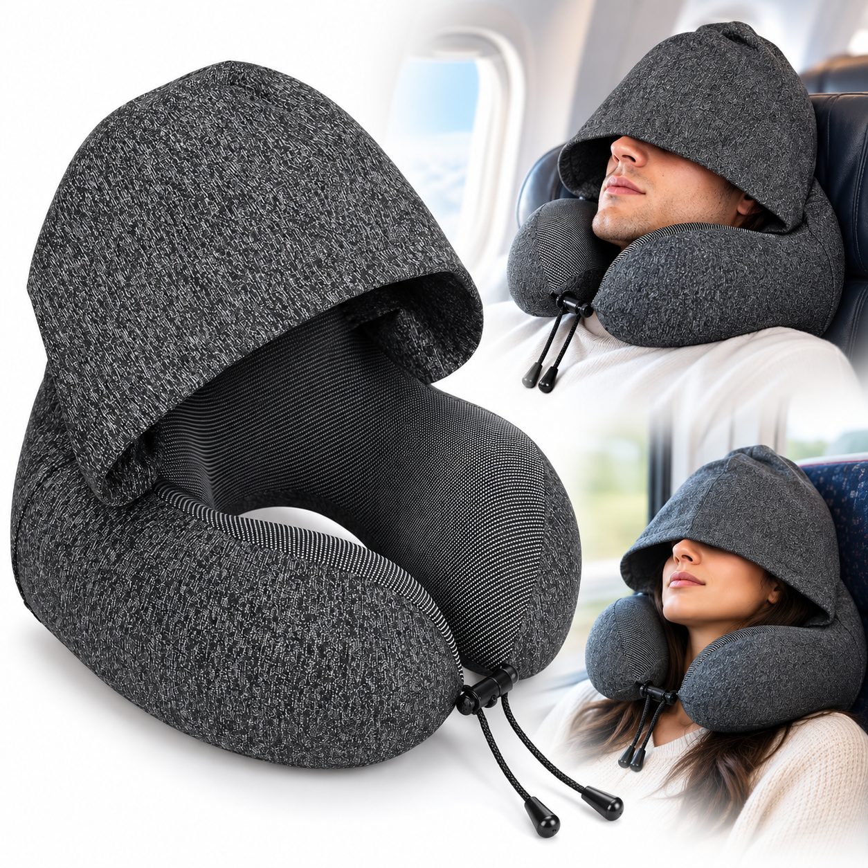 Coussin de Voyage en Mousse à Mémoire de Forme avec Capuche