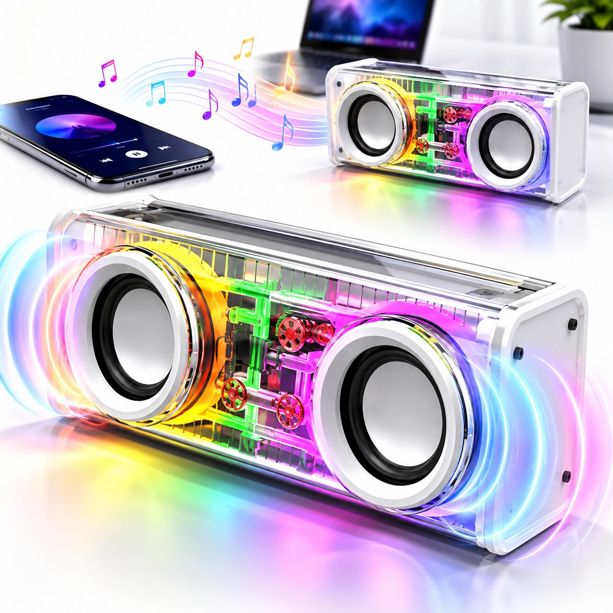 Haut-Parleur Bluetooth 5.3 Lumineux avec Boîtier Transparent