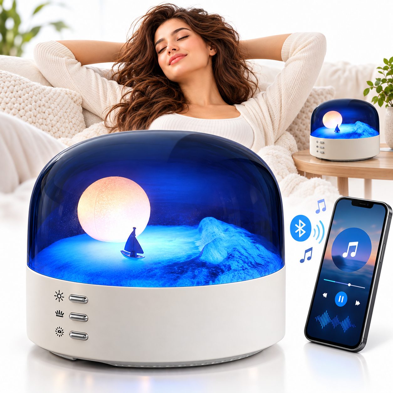 Veilleuse LED Lune et Mer avec Bluetooth Rechargeable Type-C