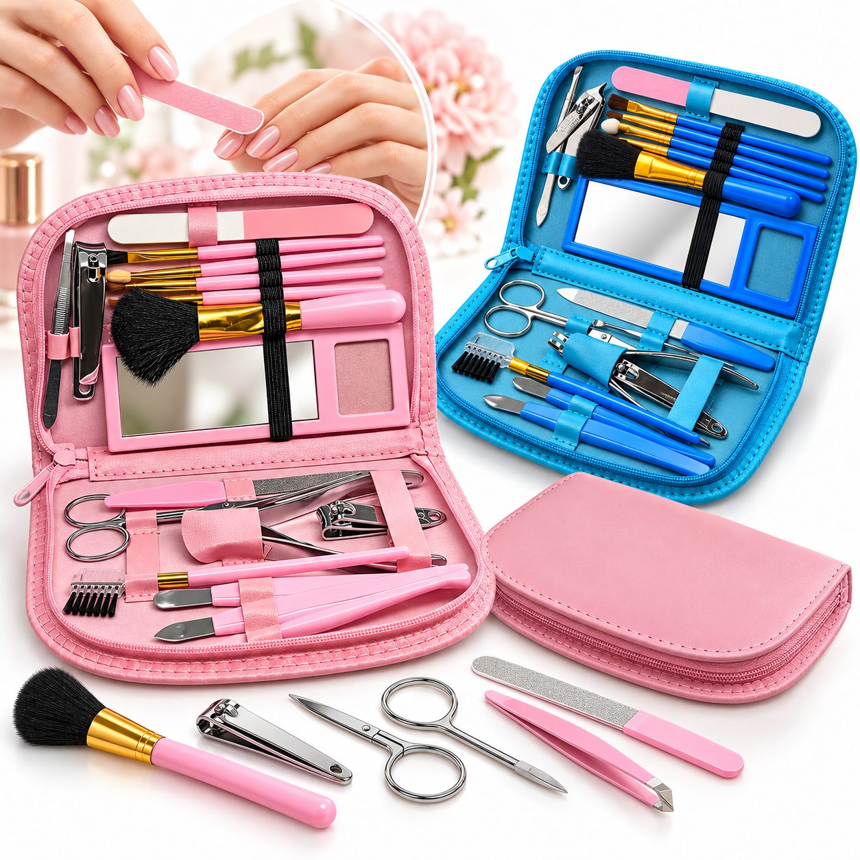 Kit de Manucure, Pédicure et Maquillage 18 Pièces avec Pochette et Miroir