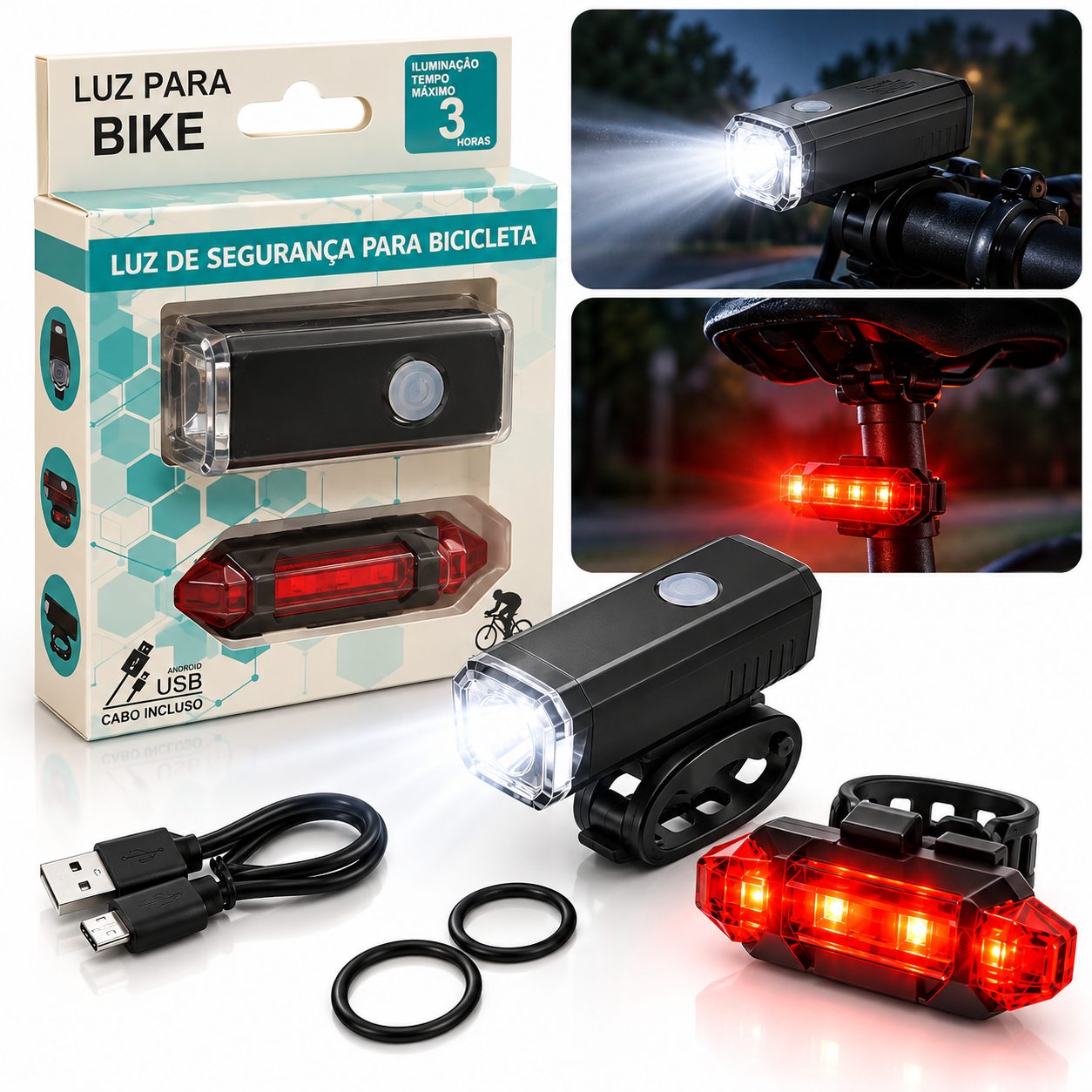 Kit d'Éclairage LED Avant et Arrière Rechargeable par USB pour Vélo